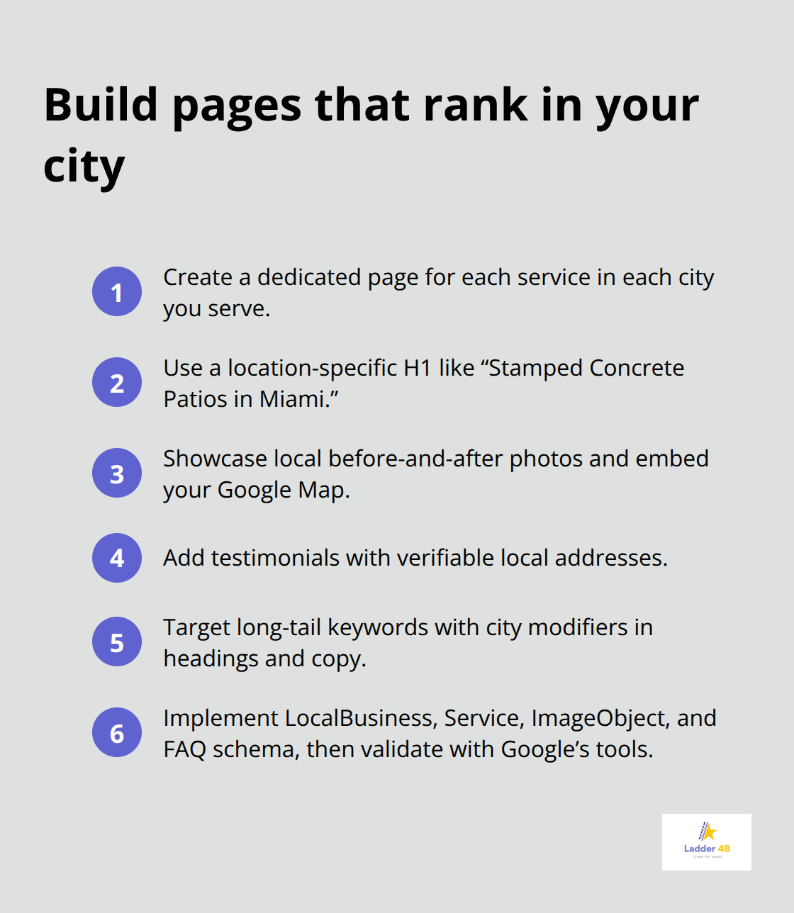 Compact checklist for creating location-specific service pages that rank locally.