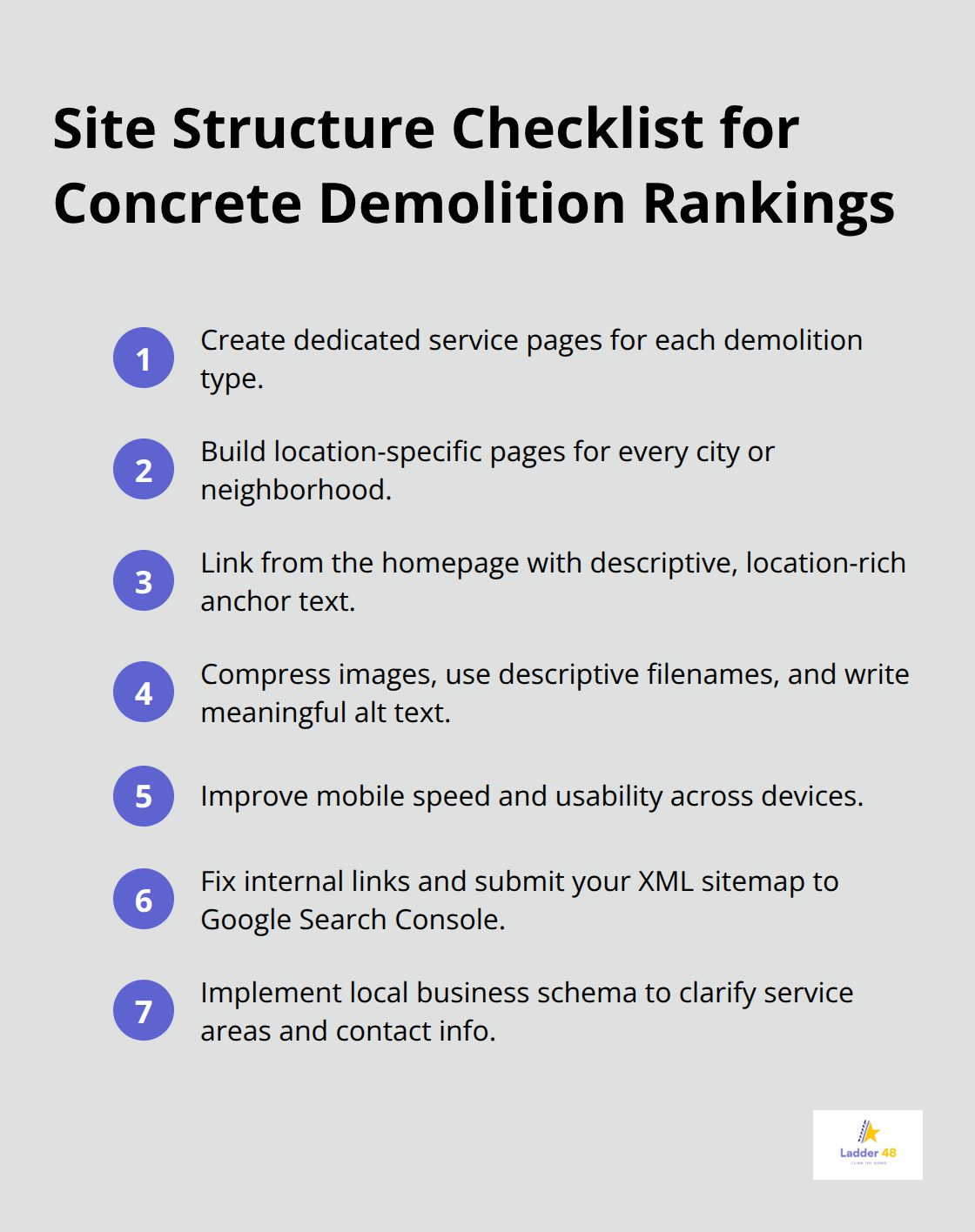 Compact checklist of steps to structure a demolition contractor website for SEO in the U.S. - concrete demolition seo