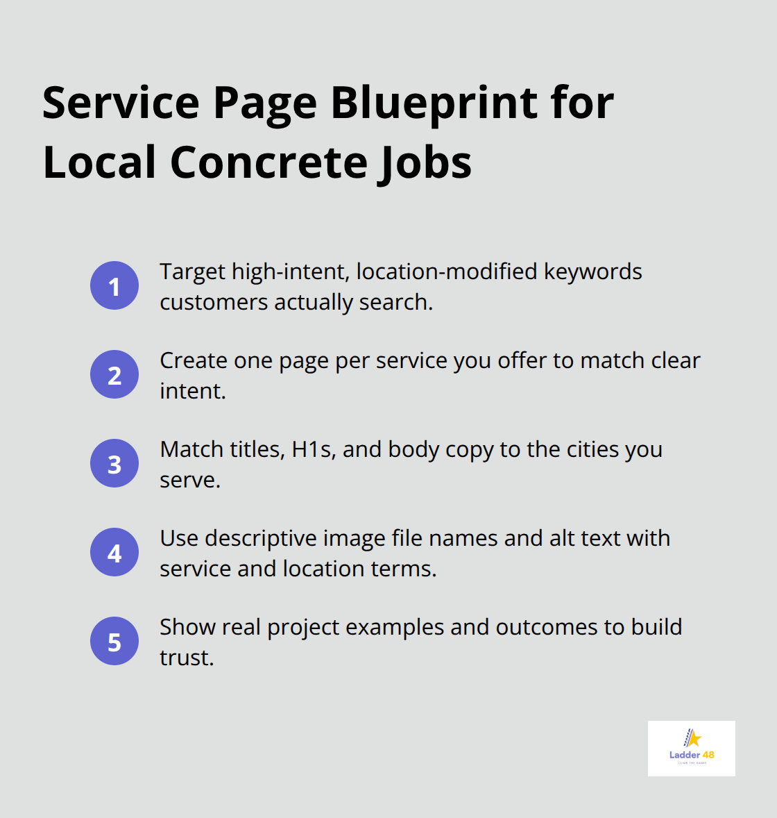 Key steps to build high-converting, locally targeted concrete service pages - concrete finishing seo plan
