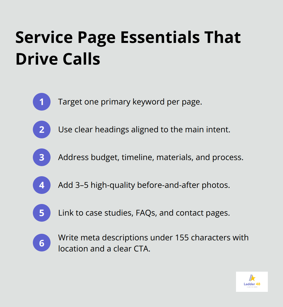 Concise checklist of must-have elements for high-converting contractor service pages. - Contractor SEO checklist