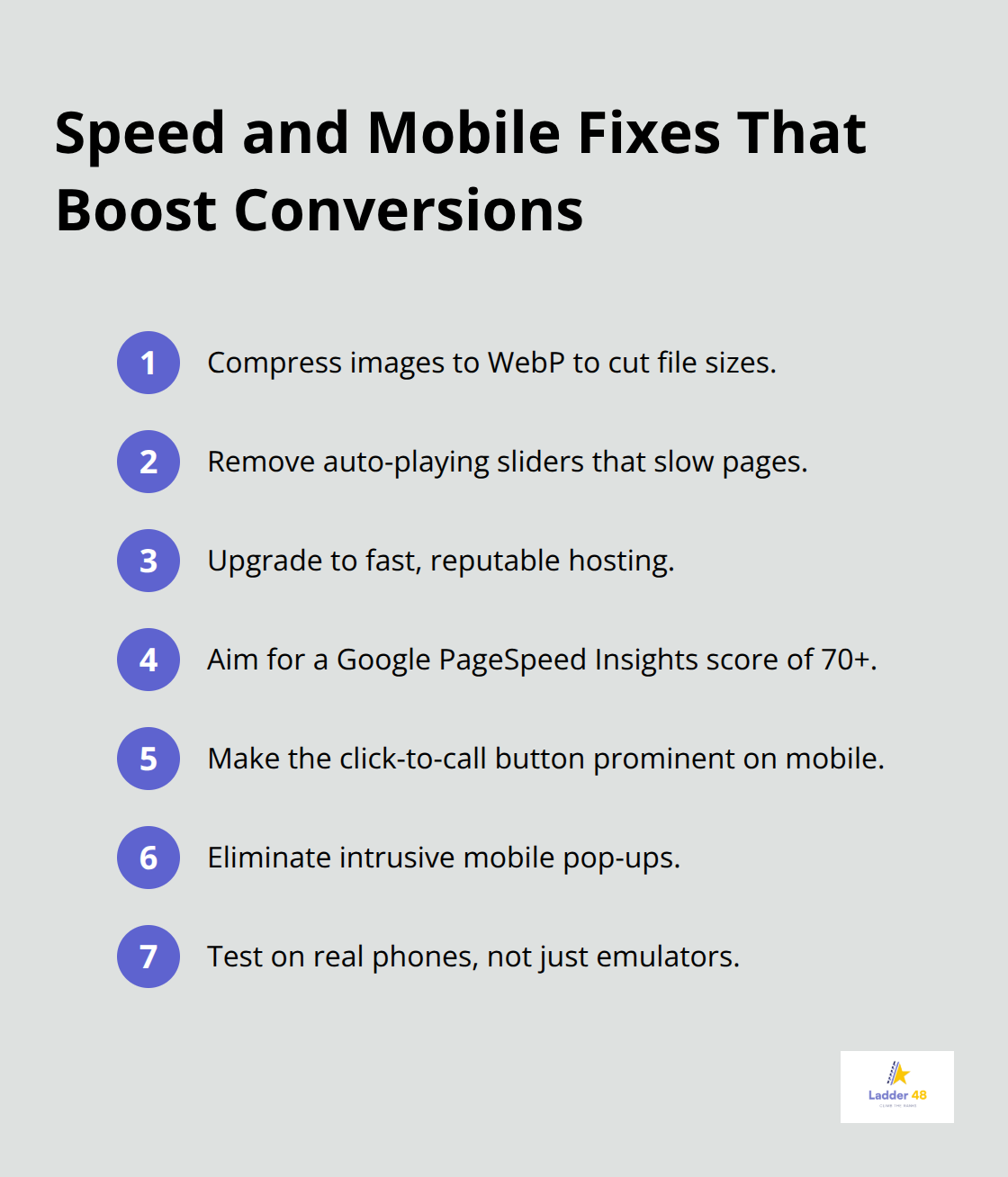 Actionable checklist to improve page speed and mobile UX for electrician websites.