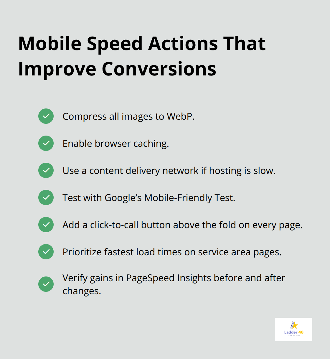 Checklist of key steps to speed up electrician websites on mobile - electrician seo content plan