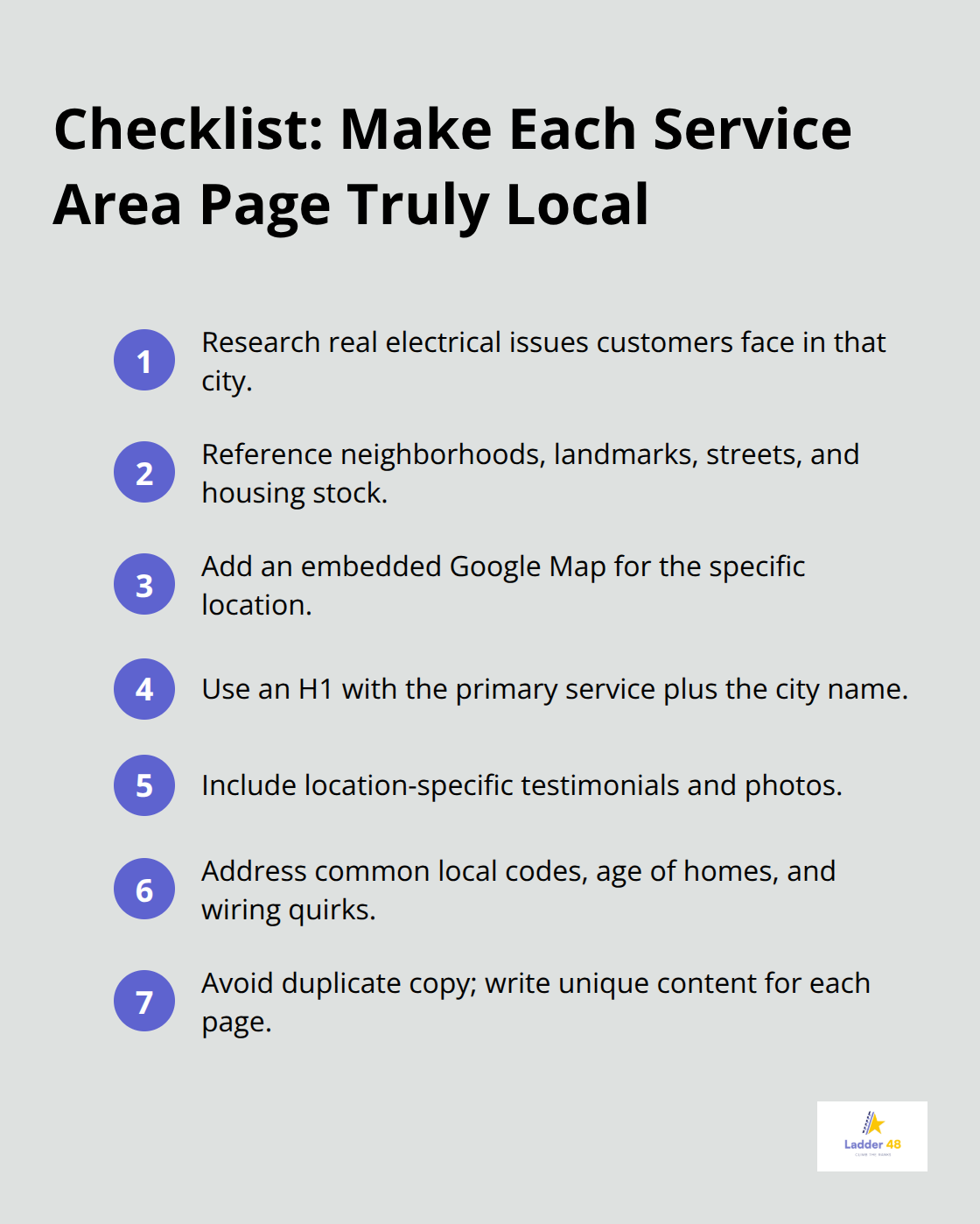 Compact checklist of actions to create unique, location-specific electrician service pages - electrician service area seo