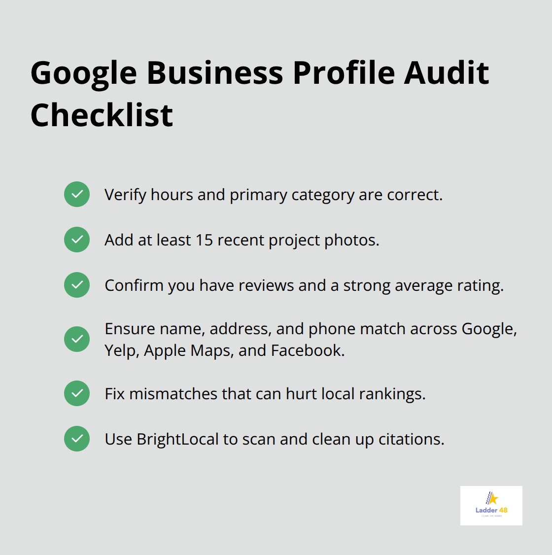 Checklist of steps to strengthen your Google Business Profile for local SEO - general contractor seo maturity