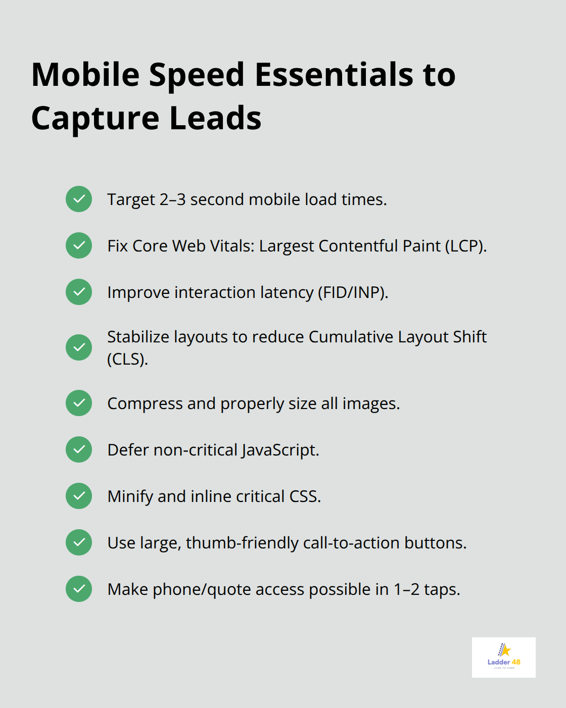 Checklist of mobile speed optimizations that help renovation contractors convert local searches. - home renovation seo plan