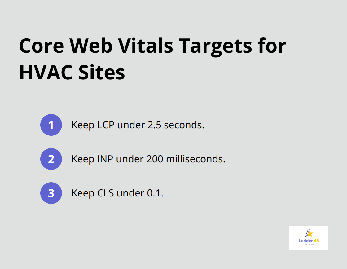 Ordered list of Core Web Vitals performance targets for HVAC websites