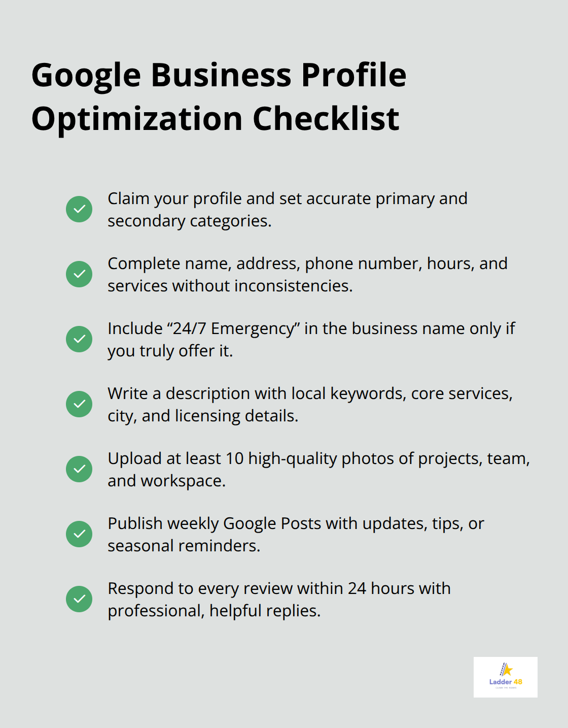 Checklist of actions to optimize an electrician's Google Business Profile for U.S. local search - electrician seo for local