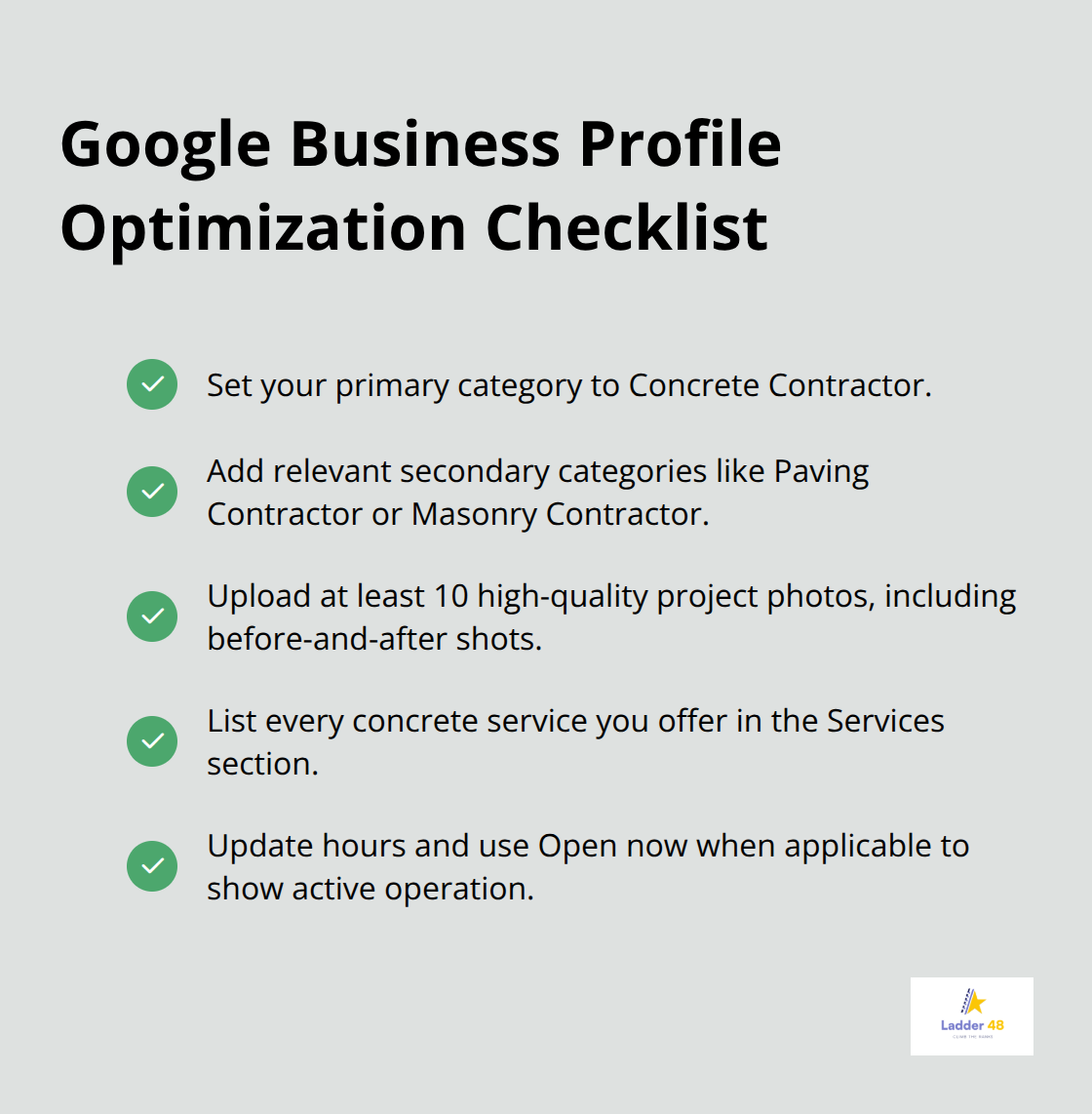 Checklist of essential steps to fully optimize a Google Business Profile for local visibility. - local concrete contractors seo