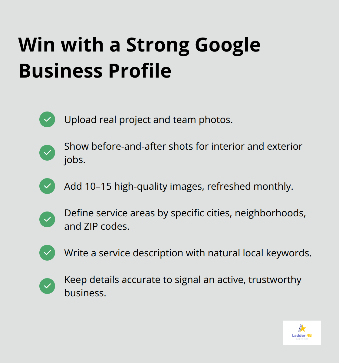 Checklist of must-do actions to optimize a Google Business Profile for painters - local seo for painters