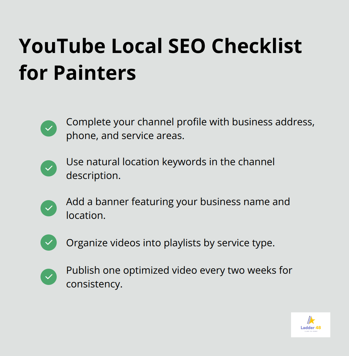 Checklist of steps to optimize a painting contractor’s YouTube channel for local SEO.