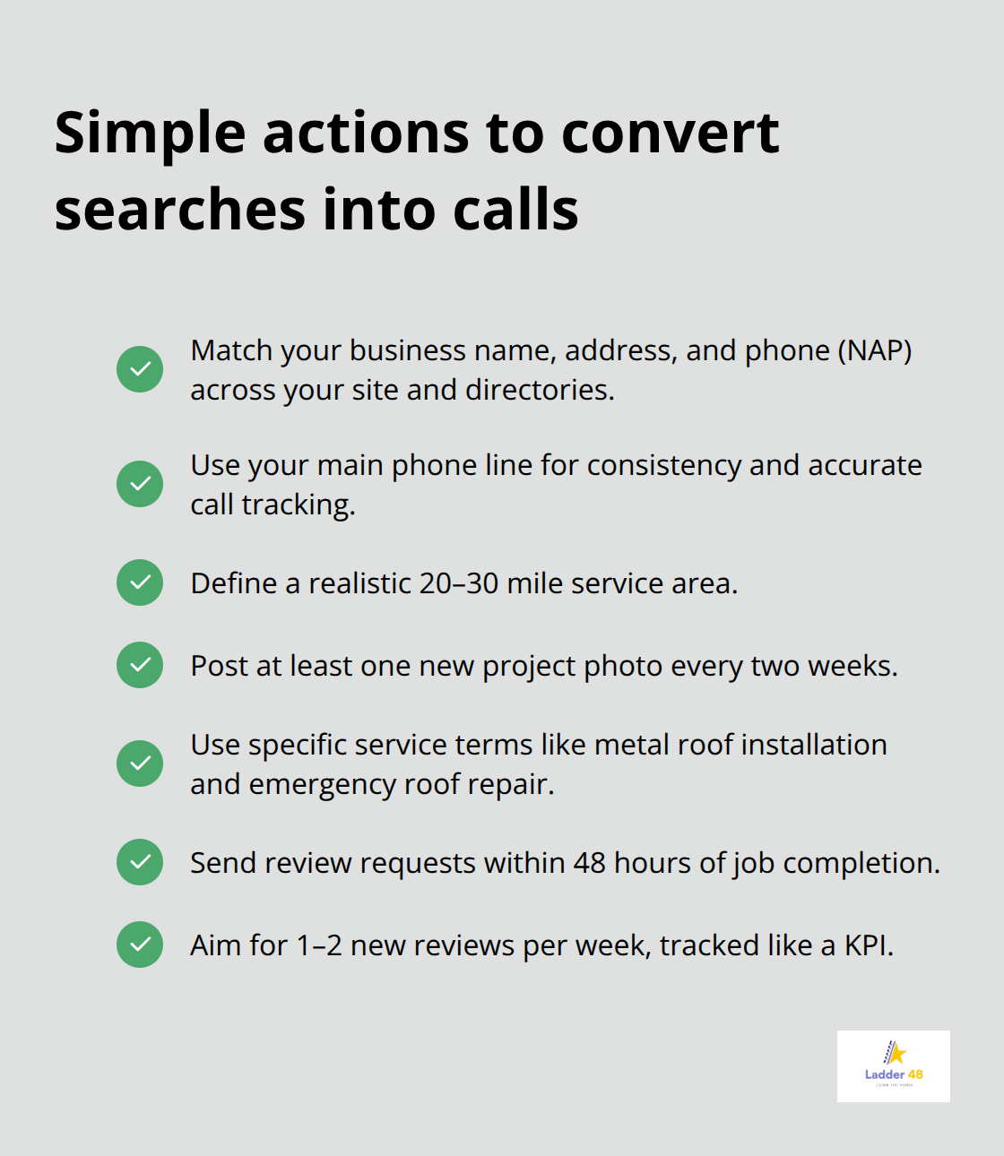 Checklist of Google Business Profile actions for U.S. roofing contractors to improve visibility and conversions.